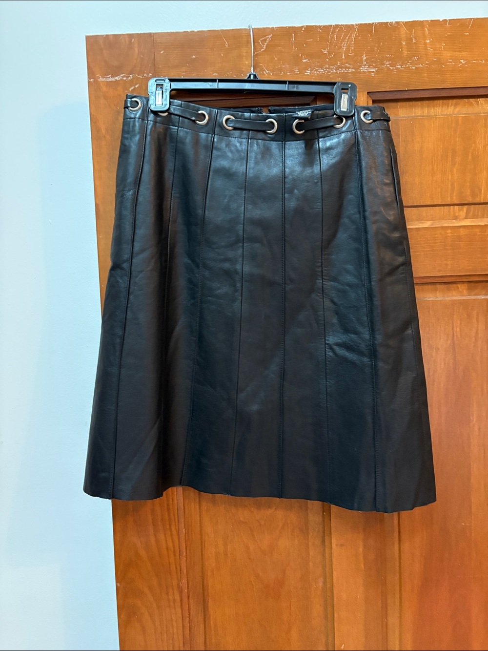 BCBGMaxAzria Black Faux Leather A-Line Skirt with Grommet Waist